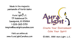 Aura Light, L.C. original version of front/back candle card printed by Mountain Sky